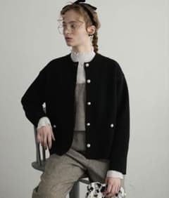BONLECILL noir Pearl Button Collarless Knit Jacket Cardigan