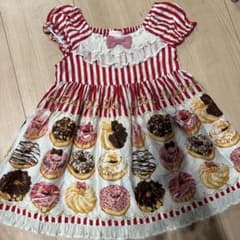 シャーリーテンプル ドーナツ柄ワンピース 90 赤 スイーツ柄レース