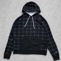 Champion パーカー 2XL 黒 総柄 グリッド チェック ロゴ 裏起毛