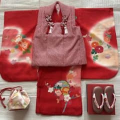七五三 3歳 総絞り 被布 着物 絹 三歳 赤 草履 753 女の子