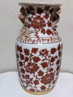 ♢中国陶磁器 紅釉花卉文様 貼花 蕾花双耳瓶 花瓶 民国時代 華東堂製