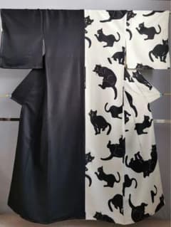 猫柄小紋浴衣黒猫白黒黒地白地ゴロン猫猫物語ミケ猫 - メルカリ