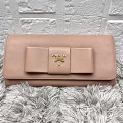 良品 PRADA サフィアーノ フィオッコ 長財布 リボン ピンクベージュ