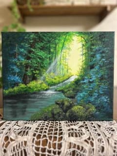 風景画 アクリル絵画 森の渓流に優しく差し込む木漏れ日 - メルカリ