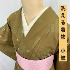 売切値下げ】511mkf32☆洗える着物！小紋 源氏香 桜 濃いカーキ☆美品