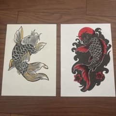 手描きイラスト】和柄 鯉 アート 2枚セット（和彫り風・タトゥーフラッシュ）のサムネイル
