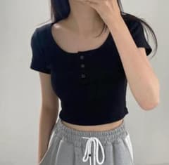韓国 カジュアル チビT 半袖Tシャツ 黒のサムネイル