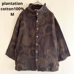 089美品プランテーション コットン100％ブラウン系ドット七分袖シャツM 