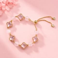 天然ローズクォーツ クローバーブレスレット ピンク×ゴールド サイズ調節可能