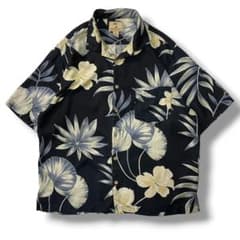 90s 古着 シルク アロハシャツ ハイビスカス リーフ 黒 ブラック 開襟