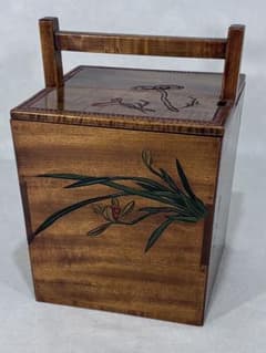 讃岐彫 峯石山人刀 彩石花霊芝彫 箱炭斗 美品 茶道具 煎茶道具 送料込 