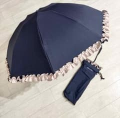 美品　未使用品　芦屋ロサブラン ネイビー 折りたたみ日傘 フリル付き ロサブラン 日傘 レディース 折りたたみ 完全遮光 晴雨兼用 軽量 2段