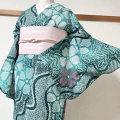 仕立済◇有松絞り浴衣 水面に枝垂れ桜 青緑 極美品　伝統工芸 極美品 仕立済◇有松絞り浴衣 水面に枝垂れ桜 青緑 極美品 伝統工芸 極美品