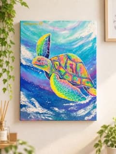 カラフルなウミガメの絵画 原画 F6号キャンバス 現代アート 作品証明