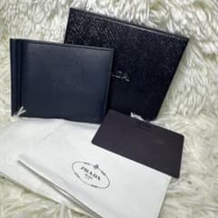 美品 PRADA プラダ マネークリップ ネイビー サフィアーノレザー 二 