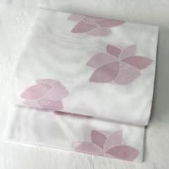 名古屋帯】夏帯 洗える 松葉仕立て ピンク色の花柄 大柄 白色 薄物
