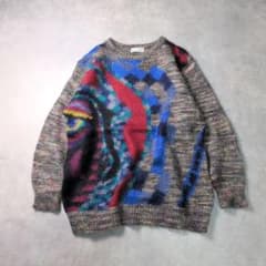90s モヘアライク アート柄 ウール混 ニットセーター 総柄