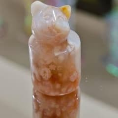 一点物】桜瑪瑙 猫ちゃん 印鑑 置物 彫刻 天然石 癒し 運気アップ 穴