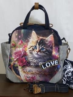 ☆岡山デニム☆ステンシル☆トラネコ☆子猫☆4wayボストンバッグ
