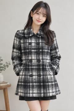 인기 체크 무늬 코트 엠즈 엑사이트 플레어 칼라 첨부 쇼트 더블 A 라인