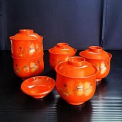 岡本肇 茶碗蒸し椀 5客揃い 千成ひょうたん 朱塗り 漆器風 縁起物 蓋付