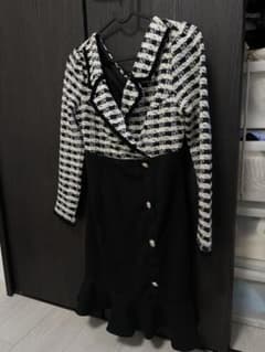 Cabaret dress, long sleeves, tweed, tight mini dress, black, Korean style
