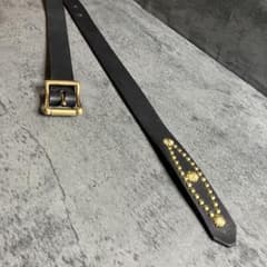 【aura】 オイルレザー　スタッズ　ナローベルト　25ミリ　ブラック　真鍮 aura】 オイルレザー スタッズ ナローベルト 25ミリ ブラック 真鍮