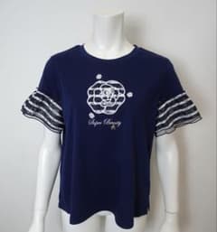 2026スーパービューティー　胸元花刺しゅう袖ボーダー柄フリルＴシャツ 44 2026スーパービューティー 胸元花刺しゅう袖ボーダー柄フリルTシャツ