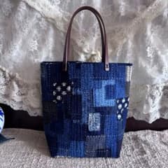 古布リメイク ハンドメイド 藍染 刺し子 トートバッグ 本革ハンドル