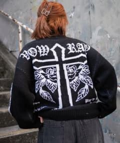 ブラック クロス バラ刺繍 ニットセーター ダブルジップのサムネイル