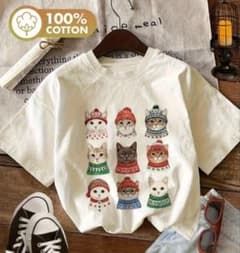 猫柄 プリント 半袖Tシャツ ホワイト Lサイズのサムネイル