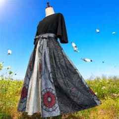 017❇︎大島紬ギャザーたっぷりスカート リボン両脇ポケット裏地付き