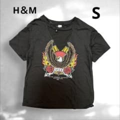 H&M グラフィックTシャツ ブラック チョーカー風デザイン イーグル プリント
