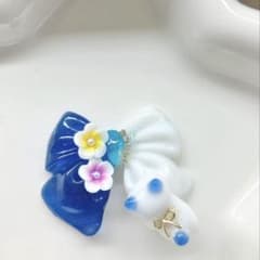 レジン ヘアゴム リボン 猫ちゃん ハイビスカス ネイビー×ホワイト◡̈