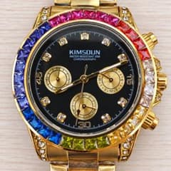 クロノグラフ メンズ腕時計 レインボーベゼル ゴールド y2k ジルコニア