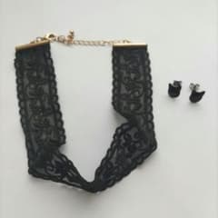 黒 レース チョーカー 黒猫 ピアス 2個セットのサムネイル