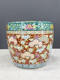 火鉢 高さ22cm 色絵 十錦手 鉢カバー インテリア めだか 花生 睡蓮 火鉢 高さ22cm 色絵 十錦手 鉢カバー インテリア めだか 花生 睡蓮