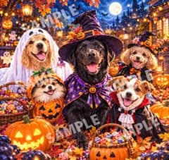ハロウィン 仮装した犬たちのイラスト アートのサムネイル