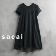 sacai サカイ バッグ サテン 異素材 切り替え Aラインワンピース 深緑 sacai サカイ バッグ サテン 異素材 切り替え Aラインワンピース 深緑