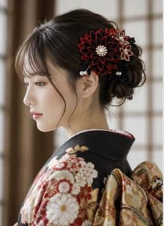つまみ細工#髪飾り#成人式#七五三#結婚式#着物 和装用髪飾り 赤黒花モチーフのサムネイル