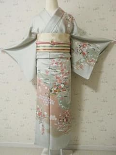 訪問着：美品-藤・桔梗・桜と菊・梅・淡いミントグリーン：袷正絹：N89