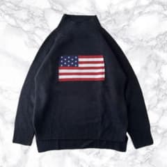 アメリカ国旗 星条旗 刺繍 黒 タートルネック ニット 古着屋 - メルカリ