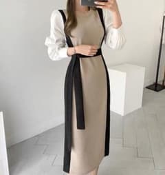 ★再入荷★ フェイクツーピース ロングワンピース ウエスト紐付きのサムネイル