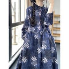 ネイビー 花柄 ロングワンピース 長袖　【専用】のサムネイル
