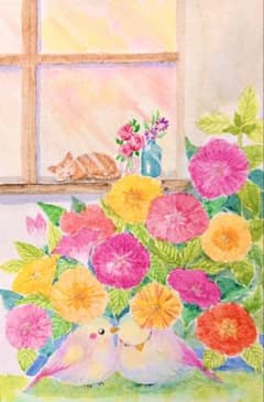 みみ様専用水彩画 おしろい花と虹色の小鳥さん 値段は※900円です