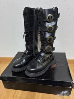 う*ん様 Demonia ロングブーツ レースアップ ベルト装飾 ブラック う*ん様 Demonia ロングブーツ レースアップ ベルト装飾 ブラック