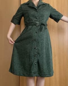 昭和レトロ ワンピース ベルト付き モスグリーン ミモレ丈 一点物 夏秋 古着のサムネイル