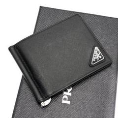 未使用級◆PRADA 二つ折り財布 マネークリップ 三角プレート 黒 シルバー 未使用級◇PRADA 二つ折り財布 マネークリップ 三角プレート 黒