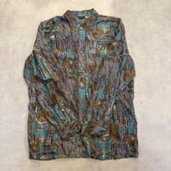 vintage FRIENDLY 総柄シルクシャツ ターコイズ 抽象 M 古着のサムネイル