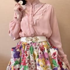 ヴィンテージ 昭和レトロ レース 花刺繍 フリルブラウス 日本製 ピンク 